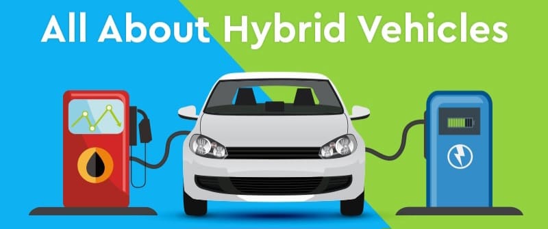 Hybrid cars connected to fuel pump and electric charging station